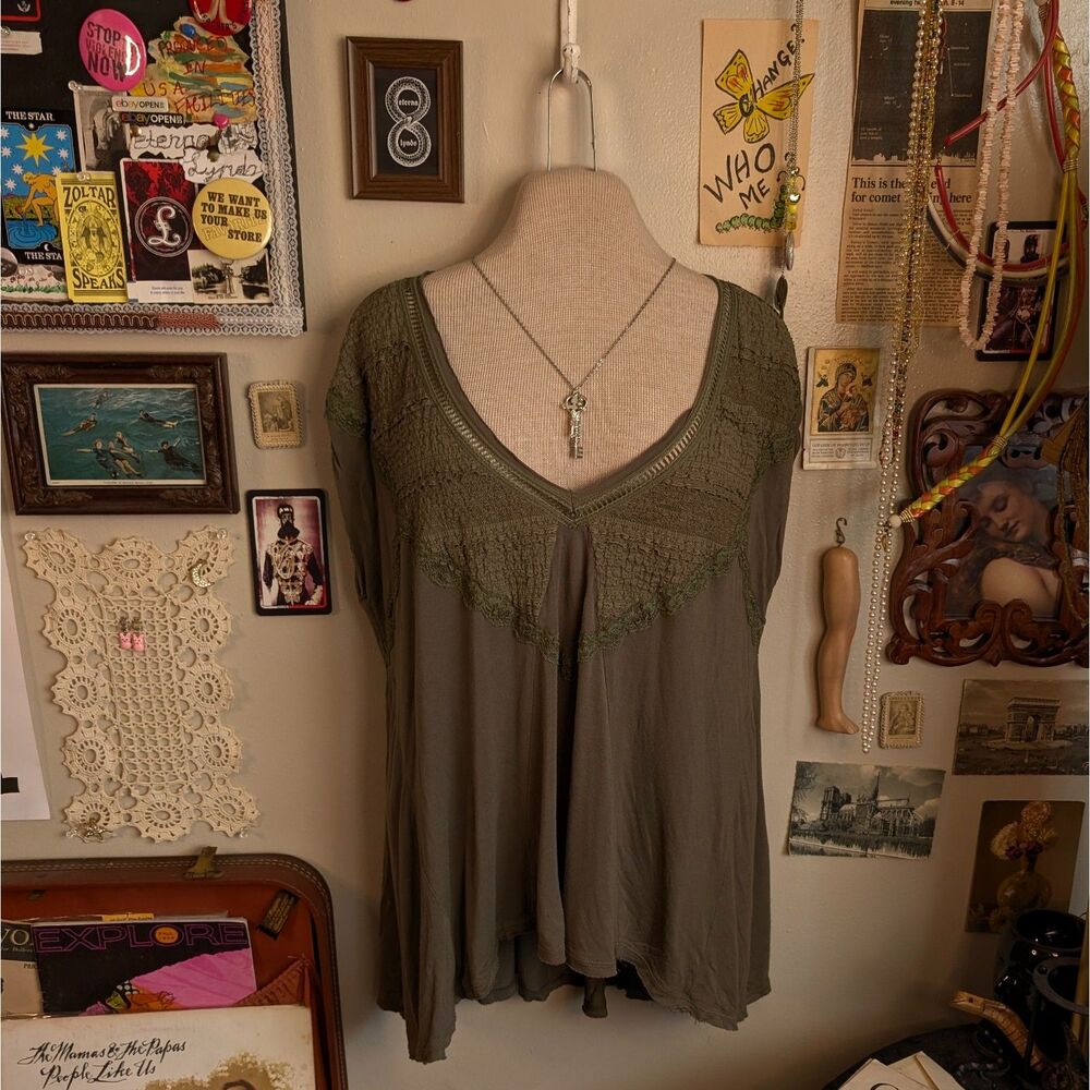 Free People Lace Tunic T-Shirt Women's Oversized Small/Medium Green Fairy Grunge